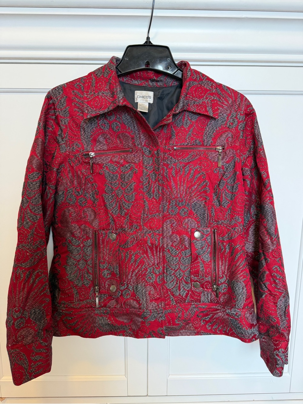 Chico's Red and Black Paisley Jacquard Jacket